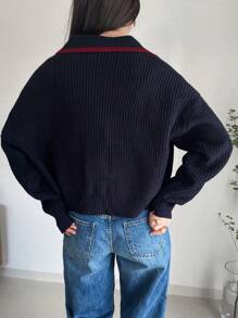 FRIFUL 1 件女式素色纽扣前长袖休闲上衣，秋季服装 - 藏蓝色 - 查看 5