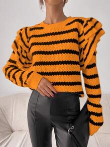 Chiquease 休闲条纹圆领荷叶边下摆宽松针织毛衣，秋冬