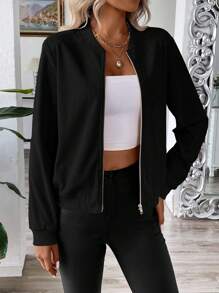 EMERY ROSE Autumn Casual Classic Retro Corduroy Zip Up Jacket Fall Winter Cloth For Women - Black - View 5