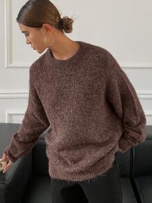 DAZY Women's Loose Fit Crew Neck Long Sleeve Plain Sweater,Long Sleeve Tops,Fall Women Clothes - Coffee Brown - View 3