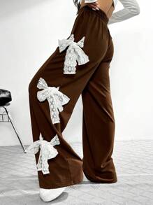 Chiquease Ins Style Casual Women Wide Leg Pants With Bow Lace Patchwork Detail, Loose Fit Straight Trousers For Autumn