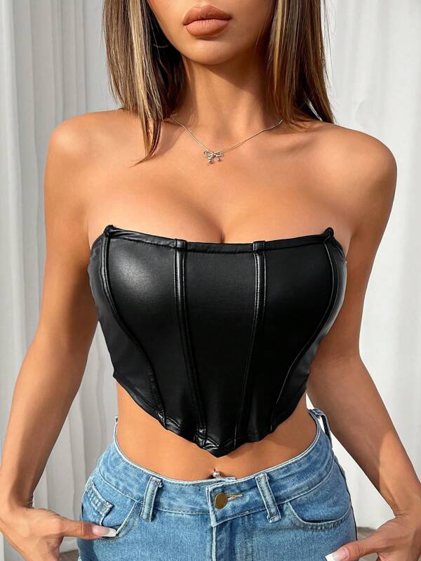 SHEIN PETITE Sutien cu oase de pește, maiou cu tub pentru femei din piele elastică, tiv în formă de V poate fi purtat ca strat interior