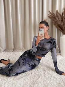 SHEIN Clasi 2 bộ trang phục dự tiệc đuôi cá bó sát họa tiết hoa nhung cổ điển thanh lịch - màu đen - Xem 1