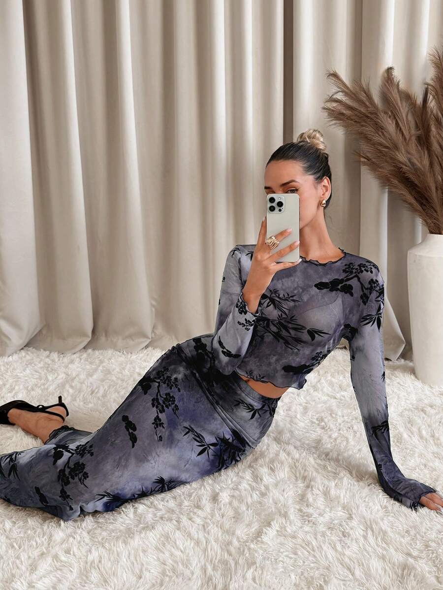 SHEIN Clasi 2 bộ trang phục dự tiệc đuôi cá bó sát họa tiết hoa nhung cổ điển thanh lịch - màu đen - Xem 1