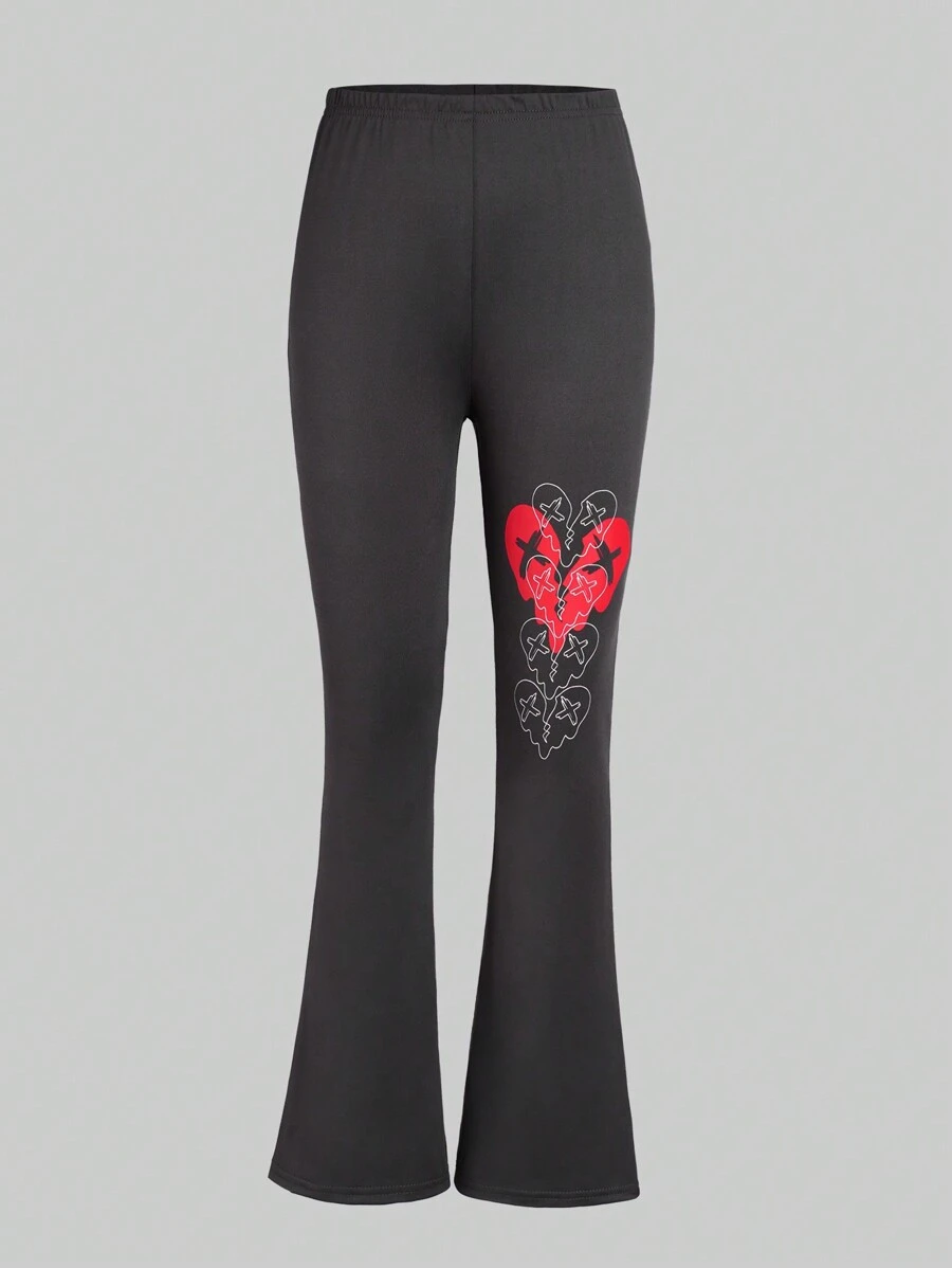 Teen Girls Cool Heart Pattern Flared Leggings, Dark Grey - Dark Grey - View 1