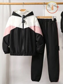SHEIN Tween Girl Fleece Zippers Contrast Color Patchwork Jacket & Contrast Color Pockets Cargo Pants