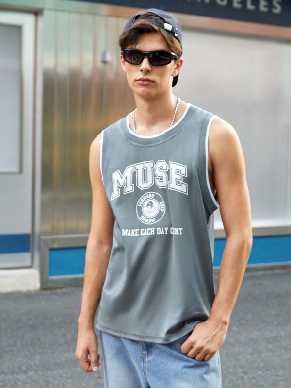 Sport MetroGents Boyfriend Style Men's Letter Print Trim Crew Neck Casual Sports Tank Top