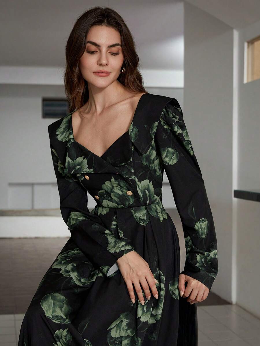 Aveloria Modichic 法式复古时尚百搭方领花卉印花收腰优雅长裙 - 彩色 - 查看 1