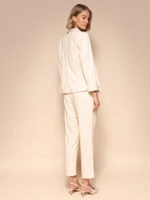 SHEIN Unity 纯色褶皱长袖灯芯绒无扣休闲长款大衣 - 杏色 - 查看 2