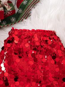 SHEIN Falda con lentejuelas rojas y flecos para niña, decorada con una amplia superficie de lentejuelas brillantes que reflejan la luz, rodeada de un bajo con flecos rojos que aporta dinamismo y elegancia. Ideal para ocasiones de fiesta. El color rojo hace que esta falda sea especialmente adecuada para vacaciones, bailes, fiestas y otros eventos, creando un aspecto llamativo. Apta para las estaciones de otoño e invierno. - Burdeos - Ver 3