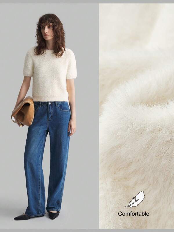 Ontre Women's Sweater For Winter, White Fuzzy Knit Top, Elegant Commuter Outfit, Suitable For Holiday, Winter