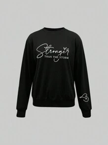 SHEIN LUNE 1 chiếc áo nỉ dài tay cổ tròn in chữ thường ngày cho nữ, mặc hàng ngày - màu đen - Xem 3