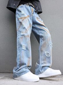 Manfinity EMRG Men's Casual Ripped Distressed Print Loose Fit Washed Denim Jeans, Autumn Light Blue Jeans, For Husband, Boyfriend Gifts - Blue - View 7