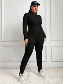 SHEIN PETITE CURVE Plus Size Women's Solid Color Zipper Half Placket Casual Long Sleeve Jumpsuit, Autumn
