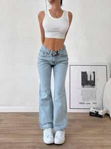 EURMUSE LOW RISE STRAIGHT CUT LONG HEM BOW PRINTED COQUETTE JEAN - Light Wash - View 7