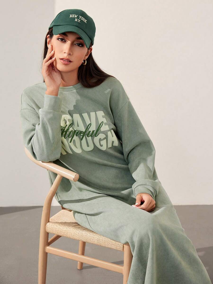 Mulvari Women Casual Letter Print Crew Neck Long Sleeve Sweatshirt, Versatile Design - Army Green - View 1