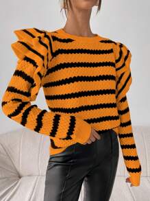 Chiquease 休闲条纹圆领荷叶边下摆宽松针织毛衣，秋冬