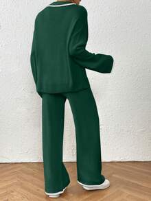 Joy Knit Women Casual Dropped Shoulder Loose V-Neck Contrast Binding Sweater And Loose Wide Leg Knit Pants Set - Dark Green - View 2