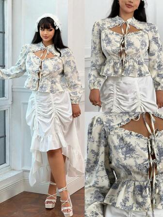 Lyrianda Plus Size Women Floral Print Tie Neck Puff Sleeve Elegant Blouse, Spring Summer Fall Cloth For Women