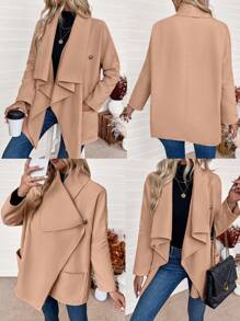 Chiquease Women Simple Solid Color Button Front Long Sleeve Casual Top - Khaki - View 1