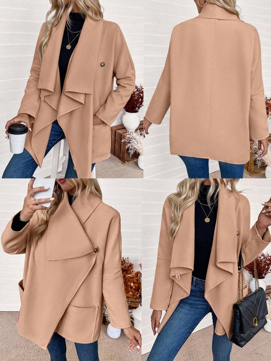 Chiquease Women Simple Solid Color Button Front Long Sleeve Casual Top - Khaki - View 1