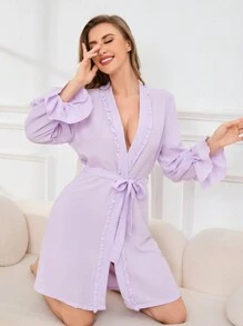 女士纯色喇叭袖荷叶边饰带腰带休闲长袍 - 紫色 - 查看 5
