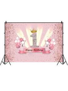 SHEIN 1至9岁生日派对背景装饰布粉色气球快乐派对装饰横幅生日背景布，产品尺寸100厘米3.2英尺*150厘米4.9英尺照片摄影背景适合节日礼物赠送 - 粉色 - 查看 3