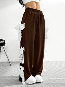 Chiquease Ins Style Casual Women Wide Leg Pants With Bow Lace Patchwork Detail, Loose Fit Straight Trousers For Autumn