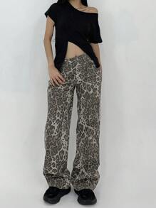 DAZY 女士豹纹前扣直筒牛仔裤，休闲款 - 淺灰色 - 查看 2