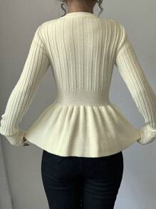 Elenzga 女士蝴蝶结装饰圆领长袖荷叶边下摆套头毛衣，秋冬针织套头衫 - 杏色 - 查看 2