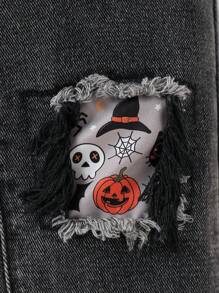 SHEIN Young Girl' Y2K Halloween Graphic Patchwork Black Denim Wide Leg Pants,Girl Fall And Winter Clothes,Street Wear Denim Jeans - Dark Grey - View 6
