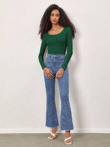 SHEIN BASICS Áo cánh cotton dài tay cổ tròn màu trơn cho nữ, thoải mái, sang trọng, năm mới - màu xanh lá - Xem 3