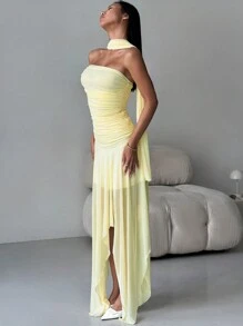 Firerie 女士优雅派对礼服，搭配不规则下摆褶饰网眼围巾系带紧身露肩黄色连衣裙 - 黃色 - 查看 5