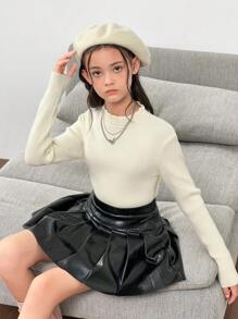 Tween Girls Cozy Fitted High Neck Ruffle Hem Apricot Long Sleeve Knitted Sweater, Winter - Apricot - View 4