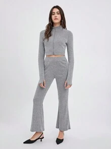 SHEIN EZwear Bộ đồ 2 món cho nữ: Áo khoác lông cừu dài tay có khóa kéo và quần ống loe, Thu/Đông - Xám - Xem 3