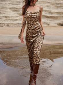 Femmeiva Vintage Sexy Leopard Print Mesh See-Through Spaghetti Strap Bodycon Dress - Camel - View 1