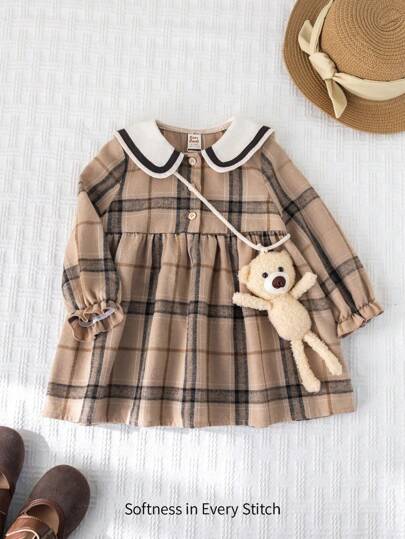 Cozy Pixies 2 件套女婴彩色格子彼得潘领长袖束腰连衣裙 + 装饰包