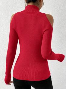 SHEIN Privé 女士休闲简约纯色高领露肩长袖毛衣，秋冬 - 紅色 - 查看 2