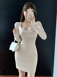DAZY Women Square Neckline Long Sleeve Fitted Knitted Sweater Dress, Minimalist Style