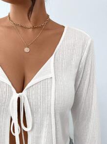 SHEIN Frenchy Women Plus Size Tie Front Twist Long Sleeve Top - White - View 6