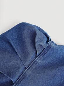 SHEIN Blue Denim Butterfly Detail Stand Collar Gigot Sleeve Blouse For Teen Girls