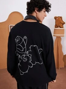 We Bare Bears X SHEIN Camiseta negra de manga larga con estampado gráfico de oso bailarín informal y holgada para hombre - Negro - Ver 4