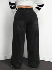 SHEIN ICON Women's Plus Size Straight Leg Boyfriend Jeans - Black - View 2