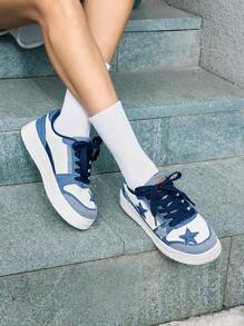 Beok 女士黑白星星印花休闲运动鞋透气拼接学生舒适平底鞋万圣节圣诞节学生鞋滑板鞋秋冬休闲运动鞋 - 藍白色 - 查看 5