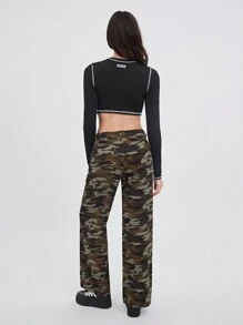 SHEIN EZwear 女士前口袋纽扣简约迷彩编织休闲裤 - 彩色 - 查看 2