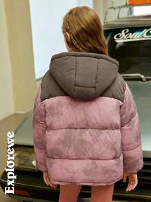 SHEIN Tween Girls Urban Casual Style Colorblock Ink Painting Print Padded Coat With Hood, Comfortable & Warm, Suitable For Daily Wear & Streetwear For Girls, 10-16 Years Old - Multicolor - View 8