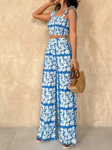 RueChic Blue And White Floral Two Pieces Top And Pant - Blue and White - View 5