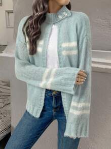 Chiquease Áo khoác cardigan kẻ sọc pha lông dê cho nữ, Thu/Đông - Nhiều màu - Xem 5