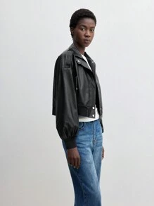 BizChic 黑色PU皮机车夹克，女士休闲长袖，适合派对、办公穿着，春夏圣诞节皆宜。 - 黑色 - 查看 6