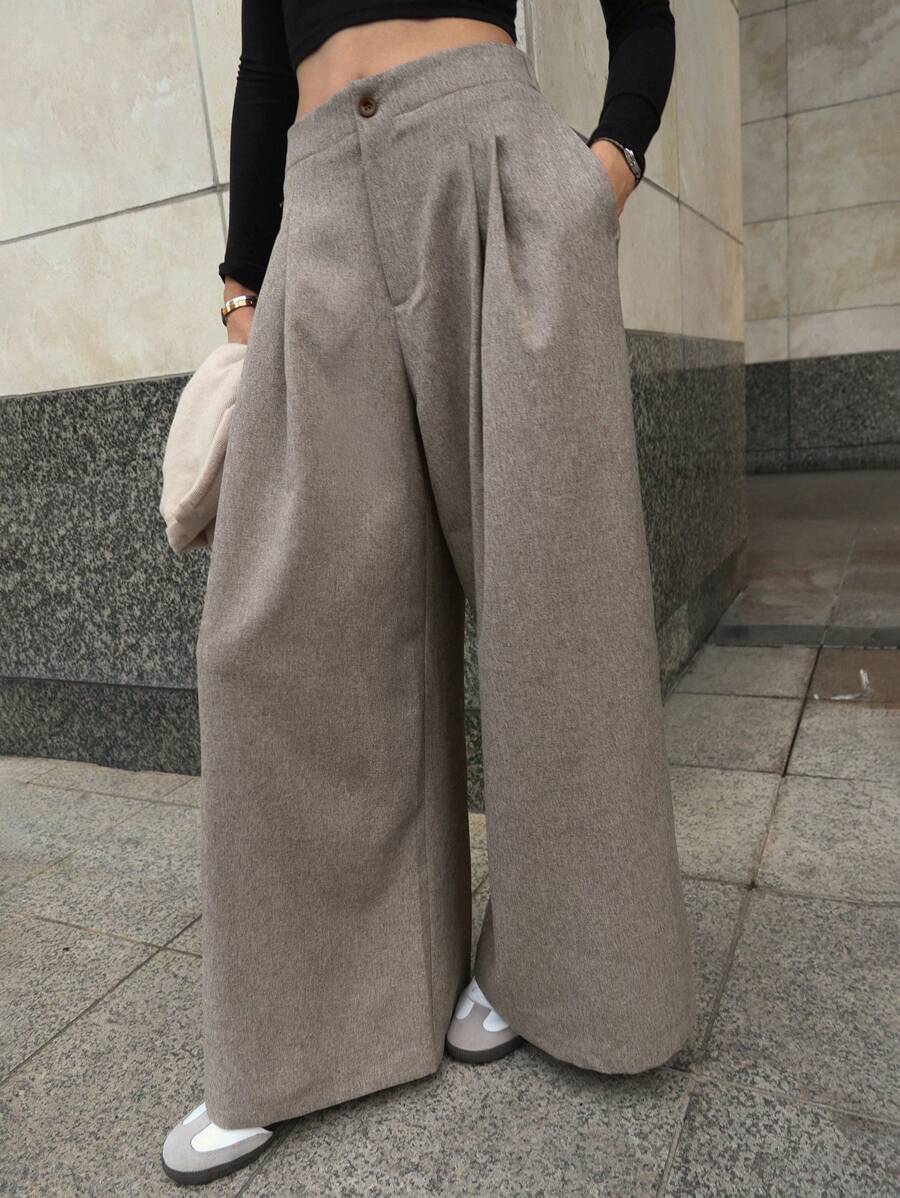 DAZY 1pc Women Solid Color Loose Wide Leg Pants With Pockets And Semi-Elastic Waist Fall